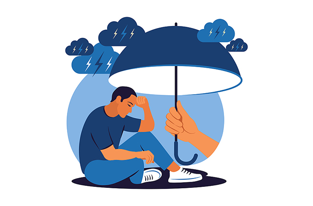 graphis of depressed man protected by umbrella